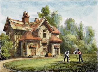 Queen's Cottage, Richmond Gardens, plate 17 fra 'Kew Gardens: A Series of Twenty-Four Drawings on Stone', gravert av Charles Hullmandel (1789-1850) utgitt 1820 (håndkolorert litho)